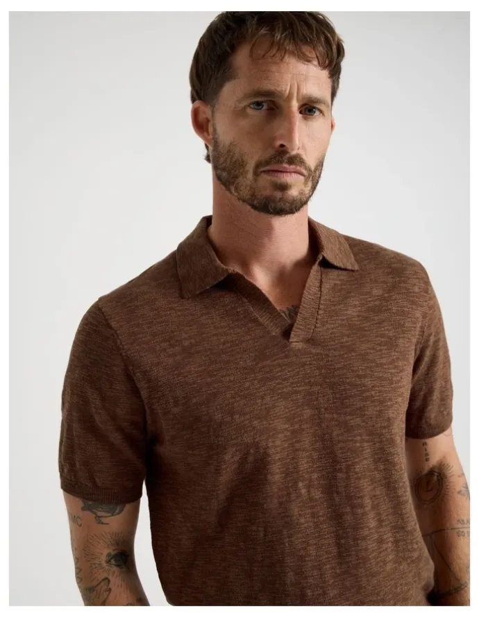Basque Slub Texture Knit Polo in Light Brown