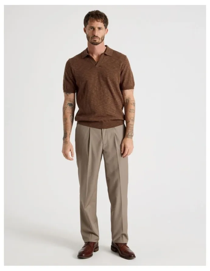 Basque Slub Texture Knit Polo in Light Brown