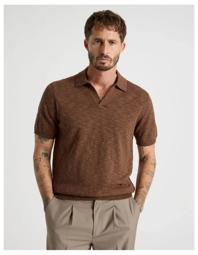 Basque Slub Texture Knit Polo in Light Brown