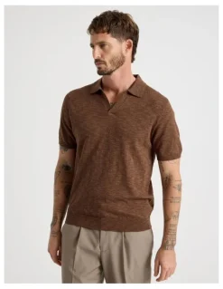 Basque Slub Texture Knit Polo in Light Brown