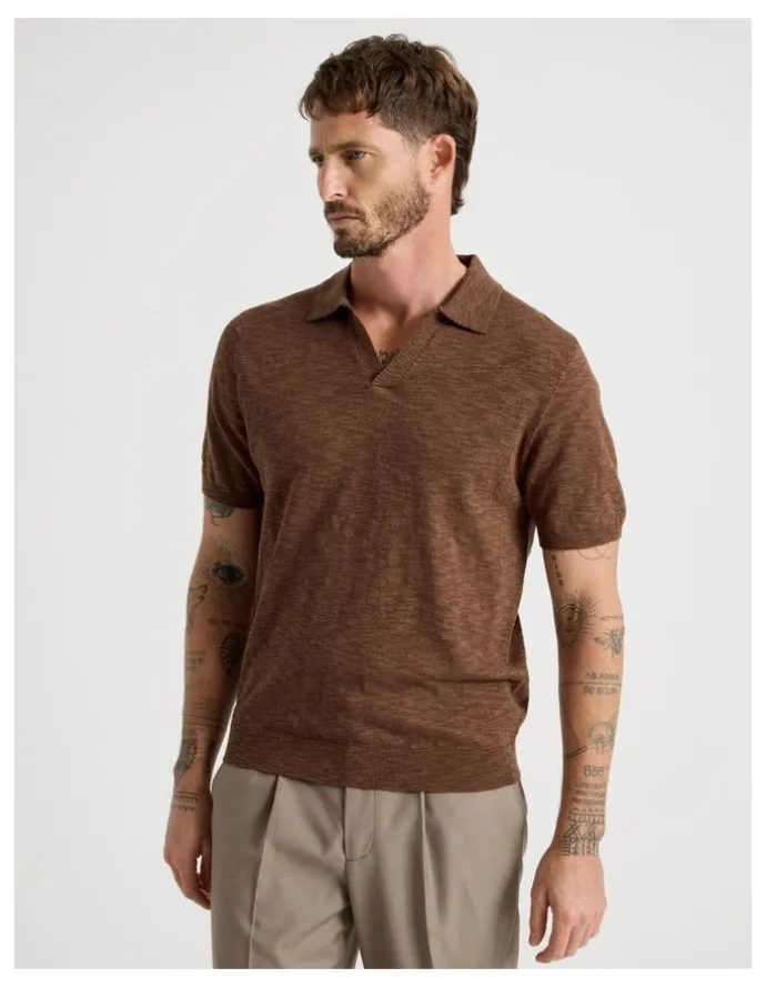 Basque Slub Texture Knit Polo in Light Brown