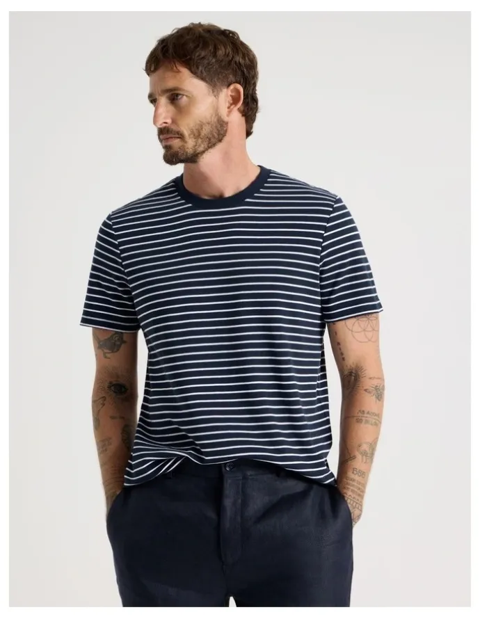 Basque Stripe Crew Neck T-Shirt in Navy