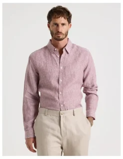 Basque Stripe Long Sleeve Linen Shirt in Rust