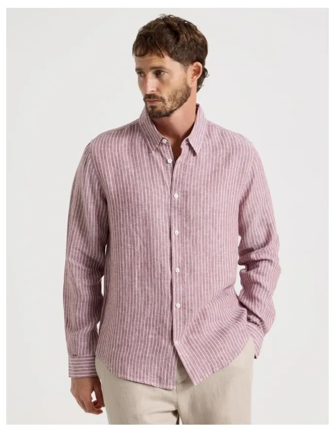 Basque Stripe Long Sleeve Linen Shirt in Rust
