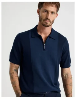 Basque Vertical Colour Block Polo in Navy