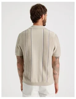 Basque Vertical Stripe Knit Polo in Sand