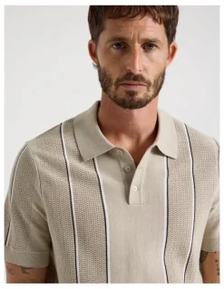 Basque Vertical Stripe Knit Polo in Sand