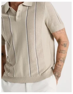 Basque Vertical Stripe Knit Polo in Sand