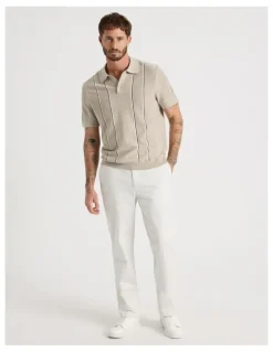 Basque Vertical Stripe Knit Polo in Sand