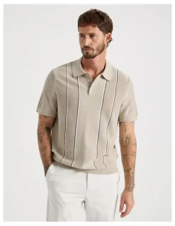 Basque Vertical Stripe Knit Polo in Sand