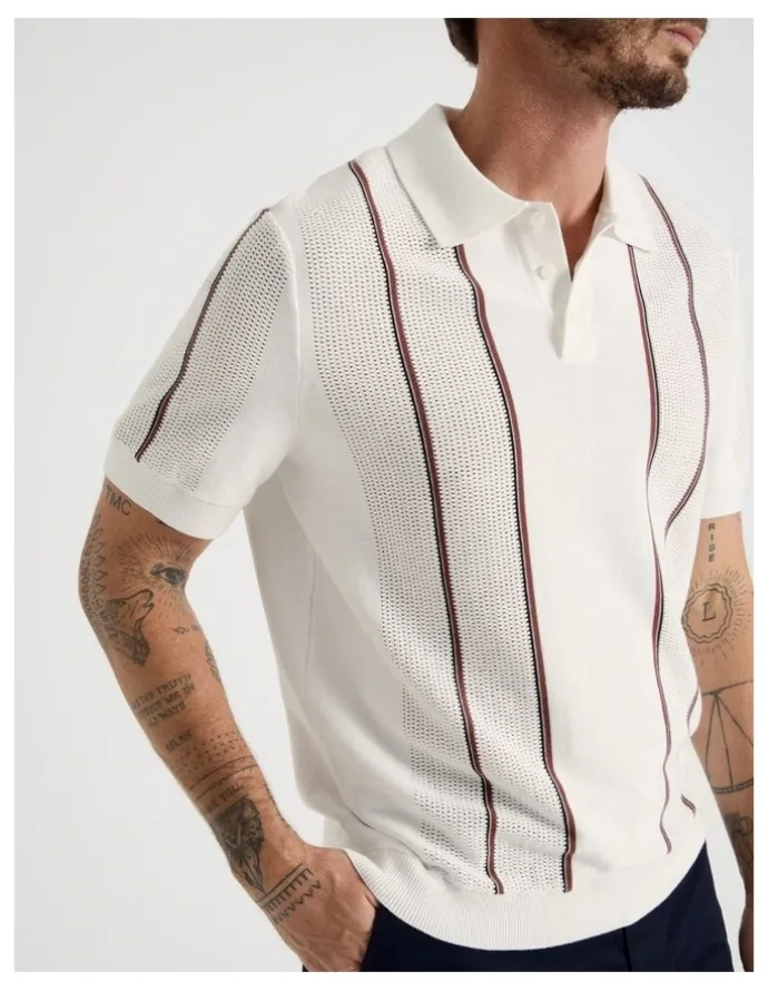 Basque Vertical Stripe Knit Polo in White