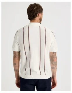 Basque Vertical Stripe Knit Polo in White