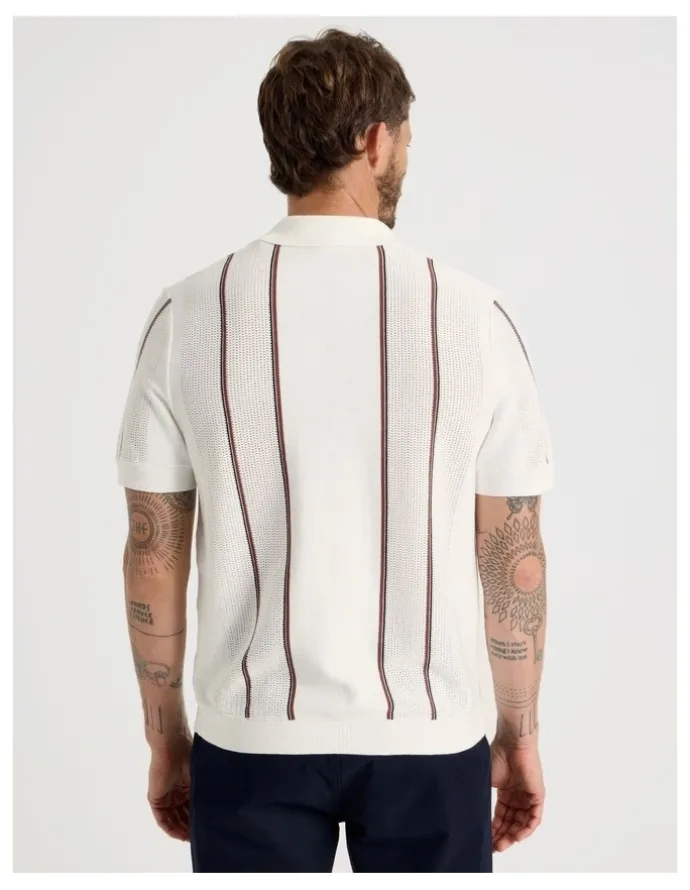 Basque Vertical Stripe Knit Polo in White