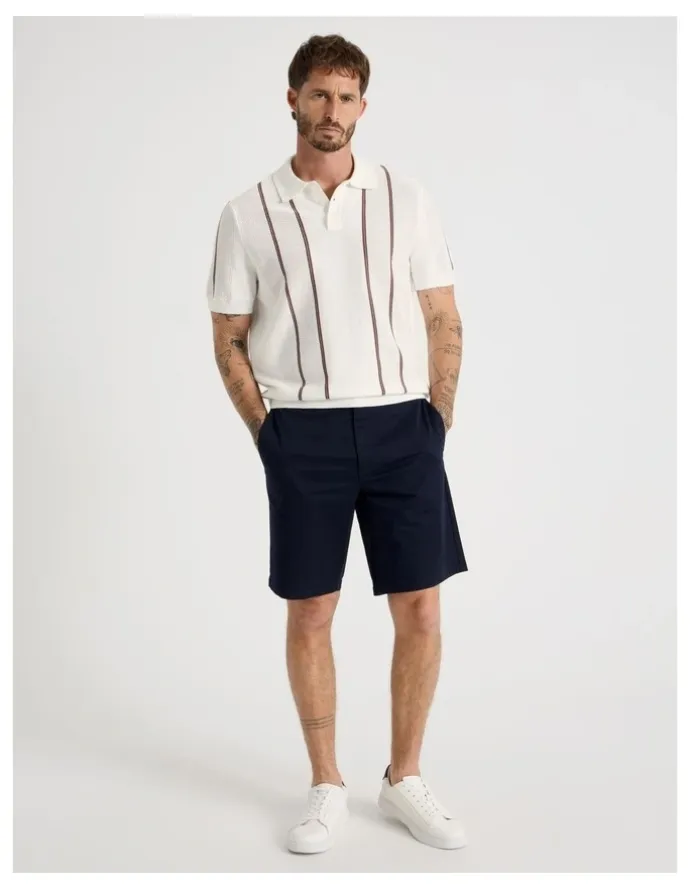 Basque Vertical Stripe Knit Polo in White