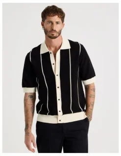 Basque Vertical Tipping Short Sleeve Knit Shirt in Black