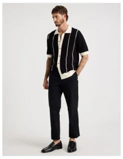 Basque Vertical Tipping Short Sleeve Knit Shirt in Black