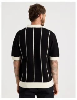 Basque Vertical Tipping Short Sleeve Knit Shirt in Black