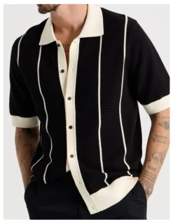 Basque Vertical Tipping Short Sleeve Knit Shirt in Black