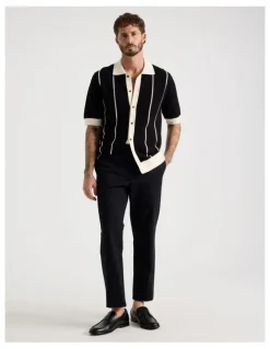 Basque Vertical Tipping Short Sleeve Knit Shirt in Black