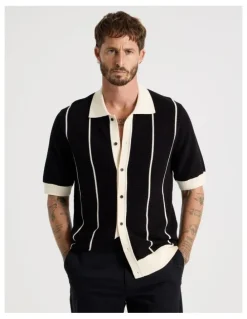 Basque Vertical Tipping Short Sleeve Knit Shirt in Black