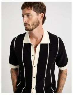 Basque Vertical Tipping Short Sleeve Knit Shirt in Black