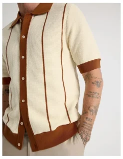 Basque Vertical Tipping Short Sleeve Knit Shirt in Sand