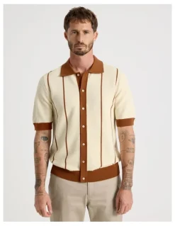 Basque Vertical Tipping Short Sleeve Knit Shirt in Sand