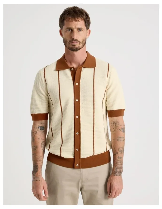 Basque Vertical Tipping Short Sleeve Knit Shirt in Sand