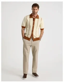 Basque Vertical Tipping Short Sleeve Knit Shirt in Sand