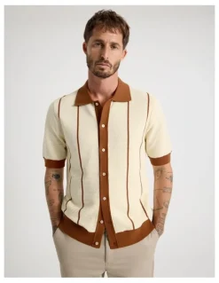 Basque Vertical Tipping Short Sleeve Knit Shirt in Sand