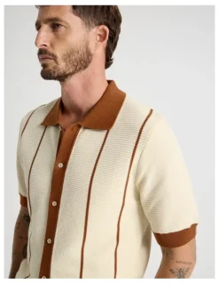 Basque Vertical Tipping Short Sleeve Knit Shirt in Sand