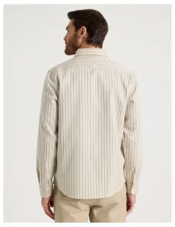 Basque Viscose Cotton Ticking Stripe Shirt in Sand