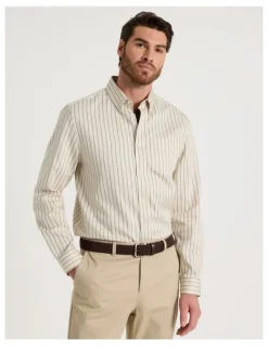 Basque Viscose Cotton Ticking Stripe Shirt in Sand