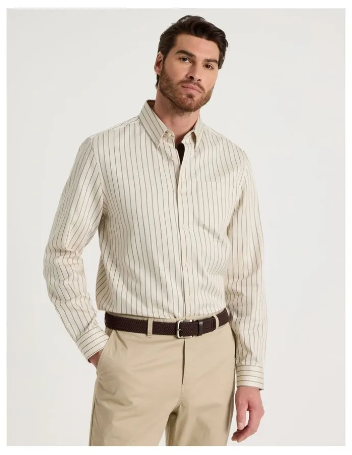 Basque Viscose Cotton Ticking Stripe Shirt in Sand