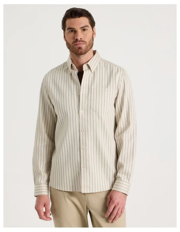 Basque Viscose Cotton Ticking Stripe Shirt in Sand