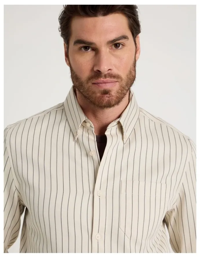 Basque Viscose Cotton Ticking Stripe Shirt in Sand
