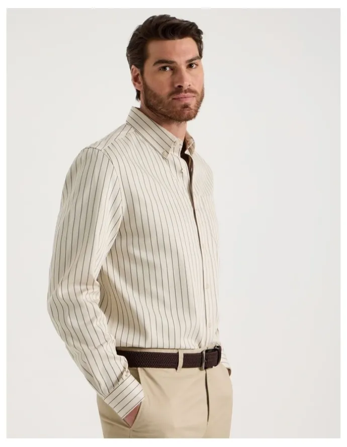 Basque Viscose Cotton Ticking Stripe Shirt in Sand