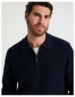 Basque Waffle Knit Quarter Zip Sweater in Navy