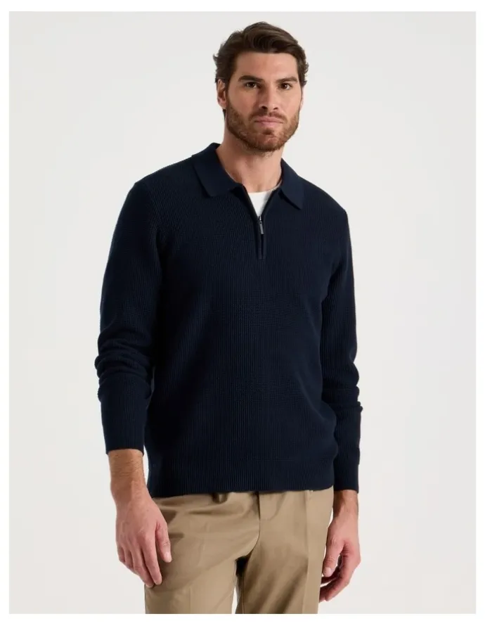 Basque Waffle Knit Quarter Zip Sweater in Navy