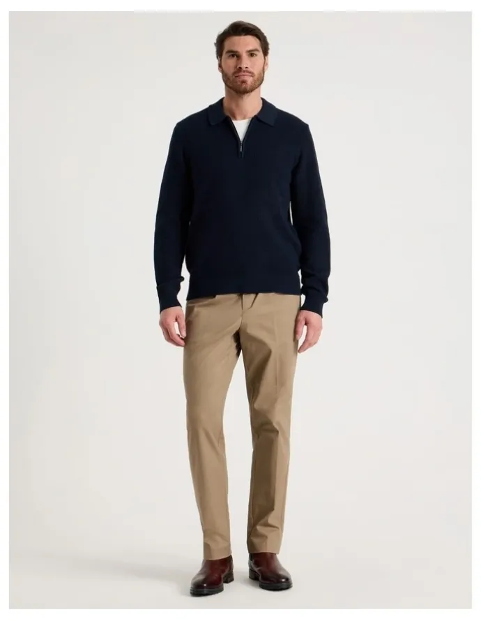 Basque Waffle Knit Quarter Zip Sweater in Navy