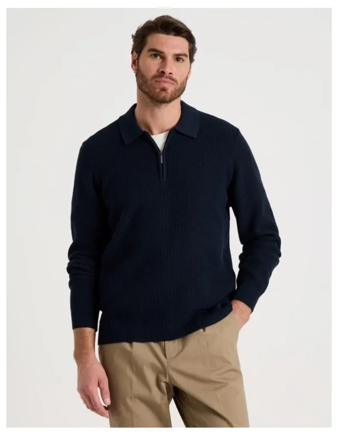 Basque Waffle Knit Quarter Zip Sweater in Navy