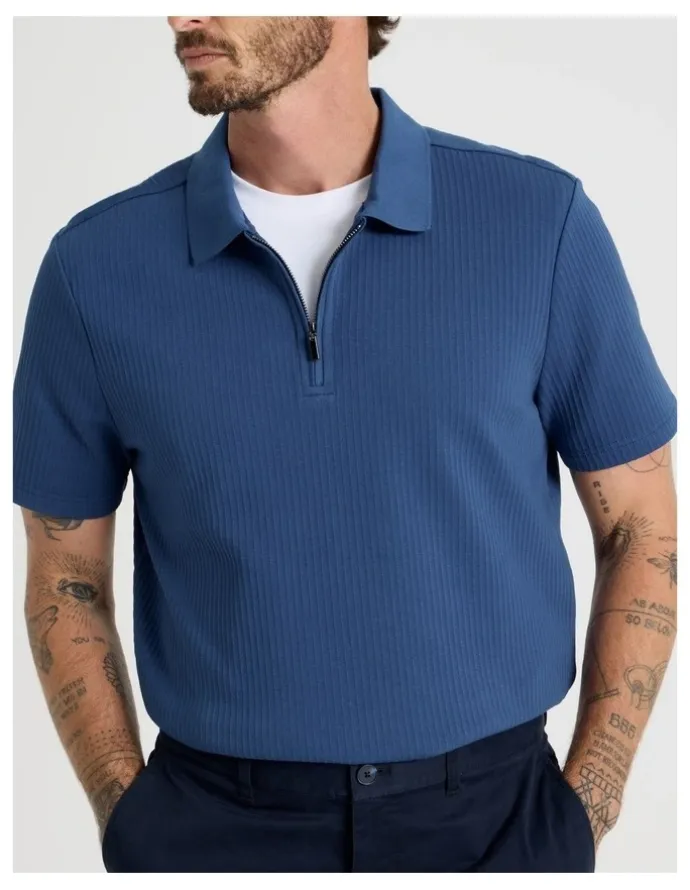 Basque Zip Neck Self Stripe Polo in Cobalt
