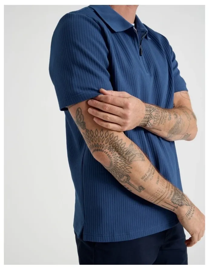 Basque Zip Neck Self Stripe Polo in Cobalt