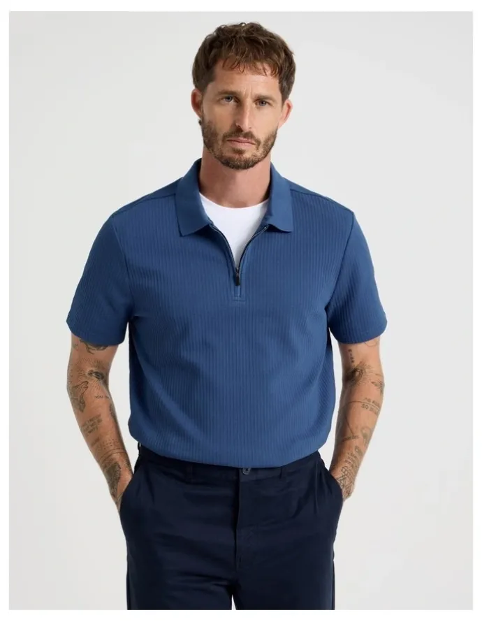 Basque Zip Neck Self Stripe Polo in Cobalt