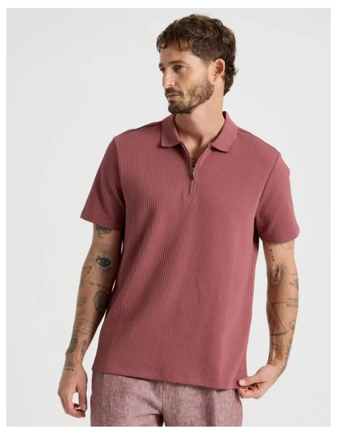 Basque Zip Neck Self Stripe Polo in Rust