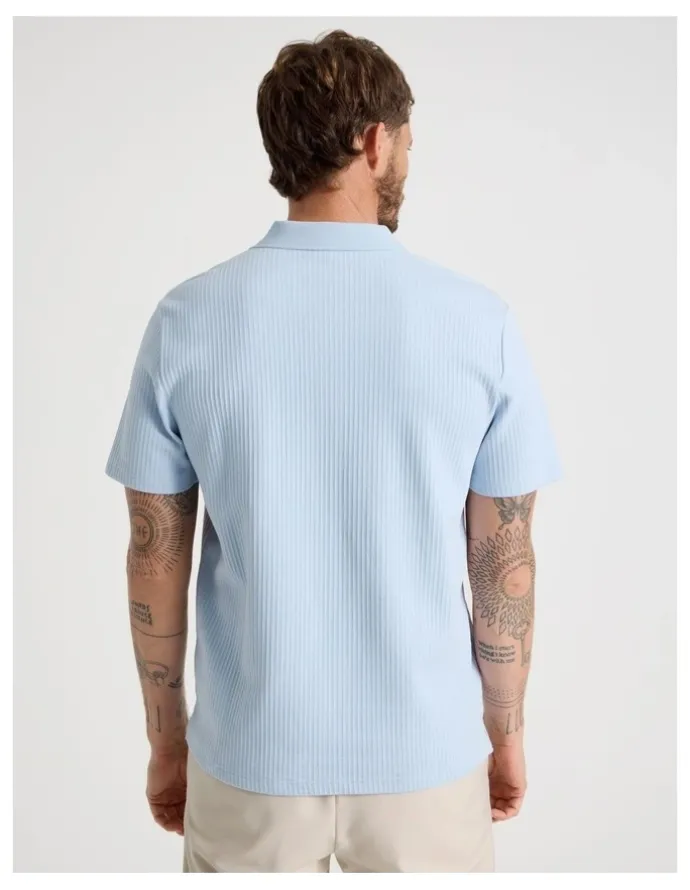 Basque Zip Neck Self Stripe Polo in Light Blue