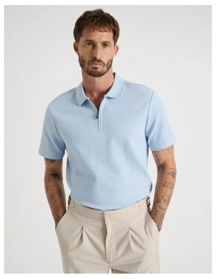 Basque Zip Neck Self Stripe Polo in Light Blue
