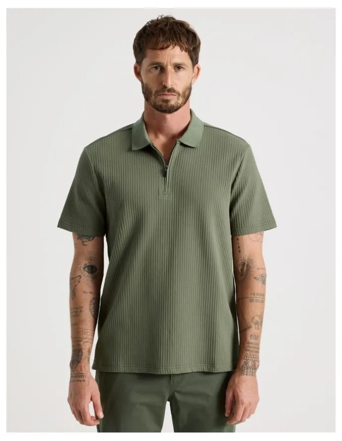 Basque Zip Neck Self Stripe Polo in Olive