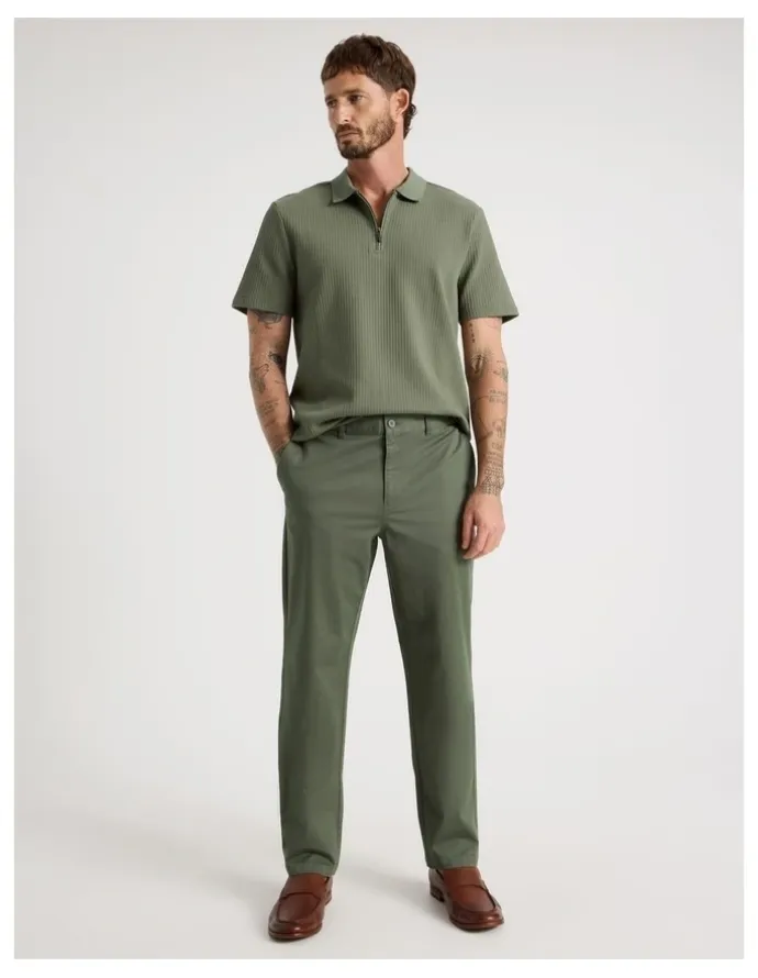 Basque Zip Neck Self Stripe Polo in Olive