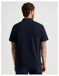 Basque Zip Neck Self Stripe Polo in Navy